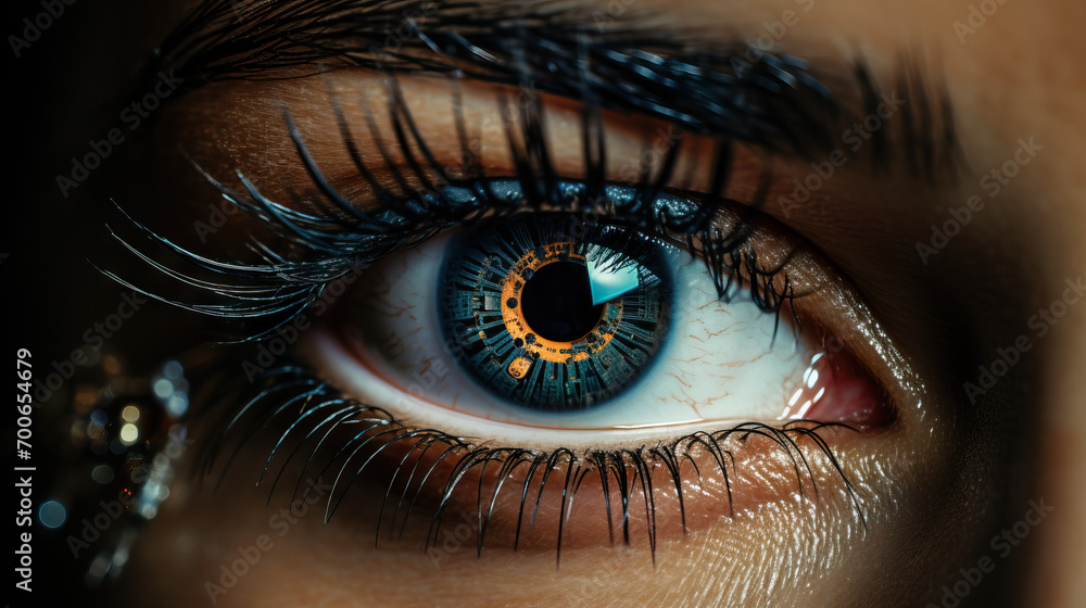 Close-up of a Woman's Eyes Peering Over Glasses Beside a Computer Monitor, Illustrating a Cybersecurity Concept and the Importance of Digital Vigilance. - obrazy, fototapety, plakaty 