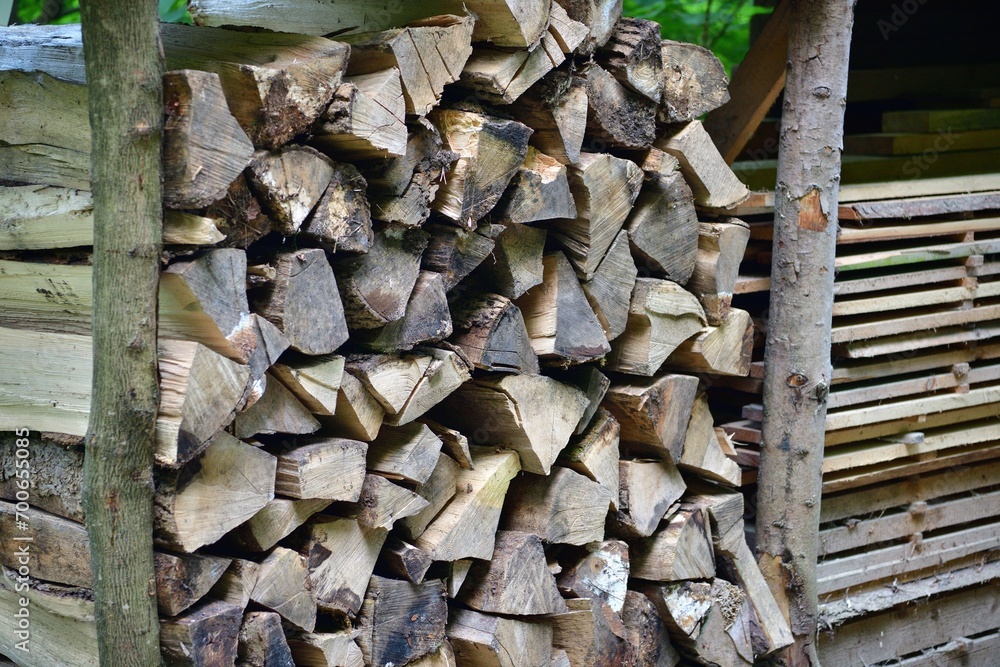 Chopping wood in the garden in the village in autumn