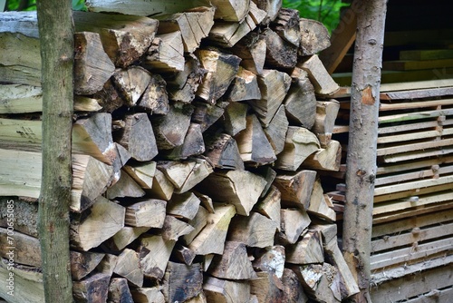Chopping wood in the garden in the village in autumn