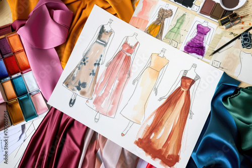 View from above of various fashion dresses sketches near fabric swatches and palette in workshop photo