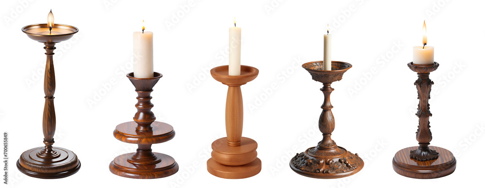 Set collection of decorative wooden candle stands isolated on transparent background. Generative AI Set collection of decorative wooden candle stands isolated on transparent background. Generative AI