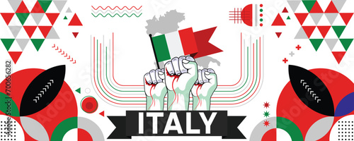 Italy national or independence day banner for country celebration. Flag of Italy with raised fists. Modern retro design with typorgaphy abstract geometric icons. Vector illustration.