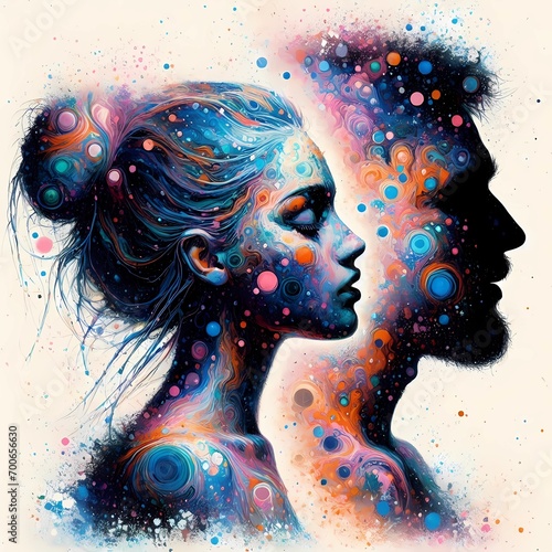 colorful image of a woman in splashed color water ink theme, couple, colorful, staring, water-ink, splash