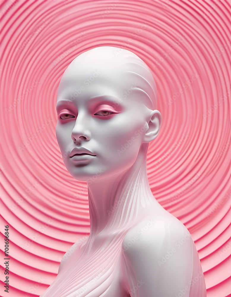 Retro-futuristic plaster statue, mannequin portrait of an alien-like woman in light blue pastel colors and shades on a spiral, wavy background. Retro-futuristic portrait.