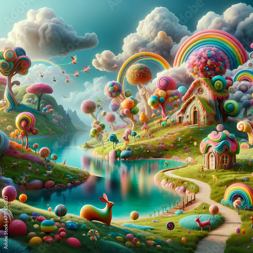 colorful house on a rainbow farm next to a river