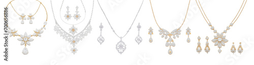 Set of various women dimond necklaces with earrings isolated on transparent background. Generative AI