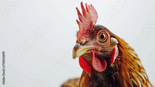 a chicken on white background is looking up. Generative AI