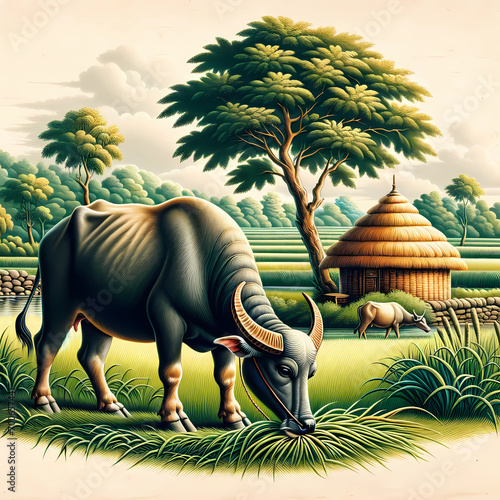 Buffalo grazing grass in a field in an Indian village