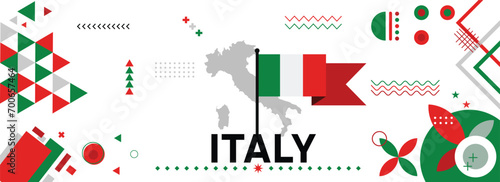 Italy national or independence day banner for country celebration. Flag and map of Italy with raised fists. Modern retro design with typorgaphy abstract geometric icons. Vector illustration. photo