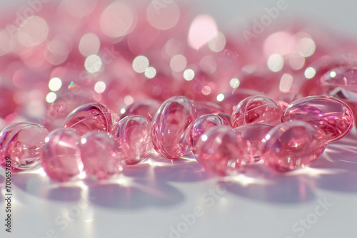 Transparent pink coloured medicine capsules on a white table top