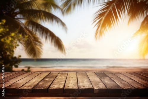 Summer Table And Sea With Blurred Leaves Palm And Defocused Bokeh Light On Ocean - Wooden Plank In Abstract Landscape