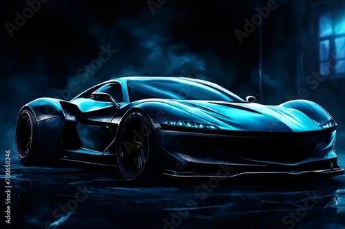 The drift of a sports car. Dark background with blue smoke. AI