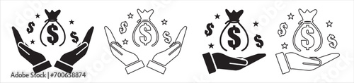 Dollar money icon, salary money, invest finance, hand holding dollar, line symbols on white background photo