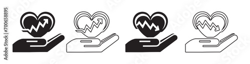 Heart in hand icons set. Health medicine symbol. Hands holding heart icon. Love icon.