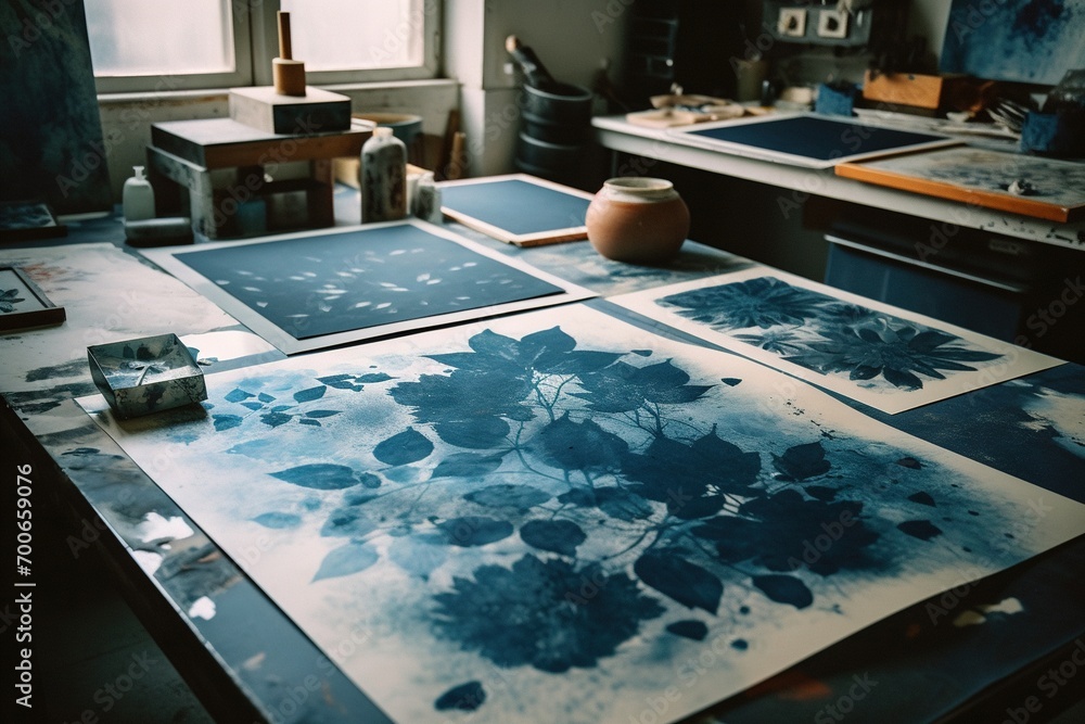 Cyanotype workshop graphic print design, blue and white colors with floral, natural elements.