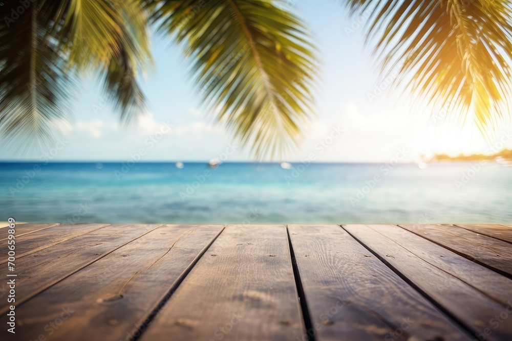 Summer Table And Sea With Blurred Leaves Palm And Defocused Bokeh Light On Ocean - Wooden Plank In Abstract Landscape