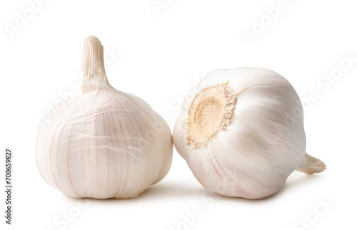 Front view of garlic bulbs in stack isolated on white background with clipping path