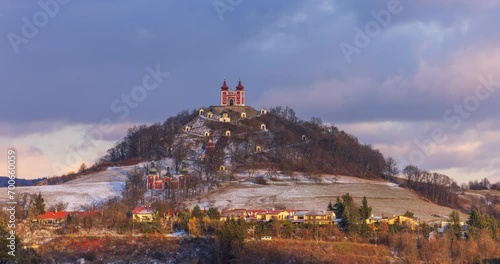 Banska Stiavnica, Slovakia is one of the most beautiful towns in Europe. Calvary on the hill is a architectural and landscape unit at sunset time lapse photo