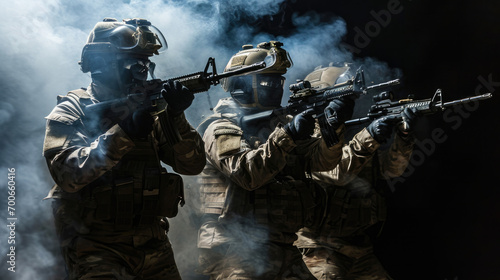 Military men with a machine gun on a dark background in smoke