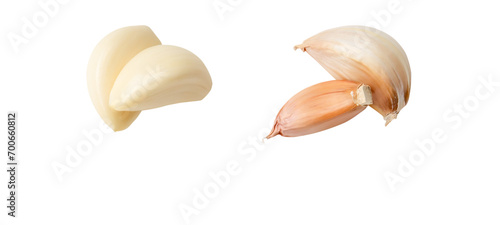 Top view set of peeled garlic cloves or slices isolated with clipping path in png file format