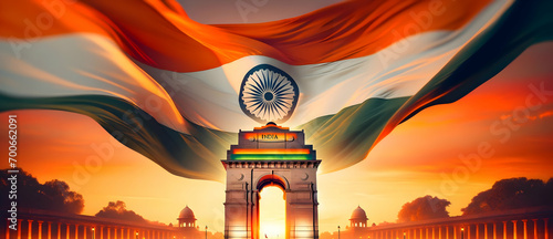 Illustration of india gate with big india flag in the sky.