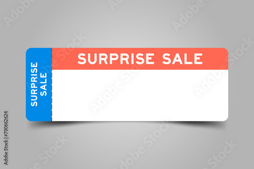 Blue and orange color ticket with word surprise sale and white copy space