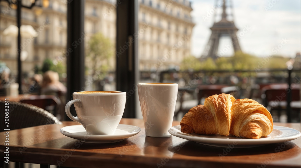 a cappuccino in a white cup and a croissant on the table with the background of the blurred Eiffel Tower a cappuccino in a white cup and a croissant on the table with the background of the blurred Eiffel Tower