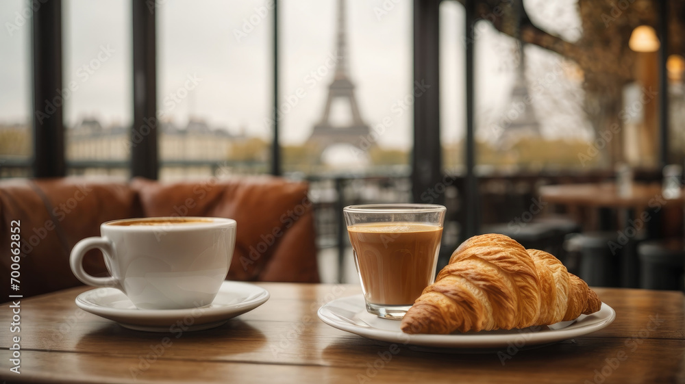 a cappuccino in a white cup and a croissant on the table with the background of the blurred Eiffel Tower a cappuccino in a white cup and a croissant on the table with the background of the blurred Eiffel Tower