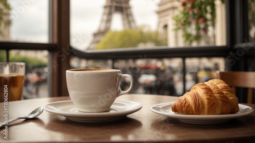 a cappuccino in a white cup and a croissant on the table with the background of the blurred Eiffel Tower