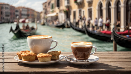 closeup of cappuccino and hot chocolate on the table with the background of venice canals and blurred gondolas