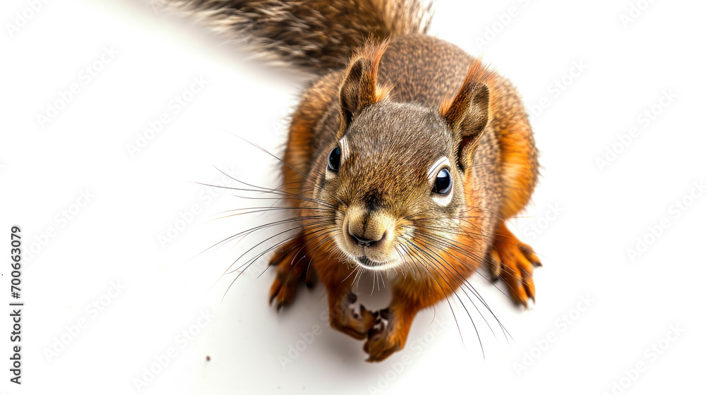 Obraz premium a squirrel on white background is looking up. Generative AI