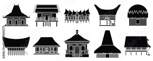 Set of rumah adat provinsi Indonesia, collection of Indonesian traditional house silhouette, vector illustration photo