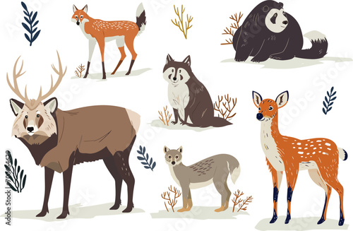 Vector illustration set of cute fox  deer and animals in nature