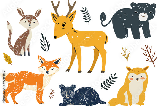 Vector illustration set of cute fox  deer and animals in nature