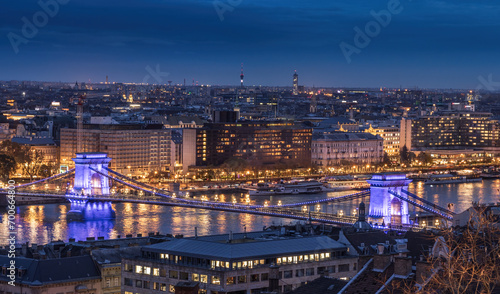 The Chain Bridge is one of the symbols of Budapest. View to the illuminates bridge at night