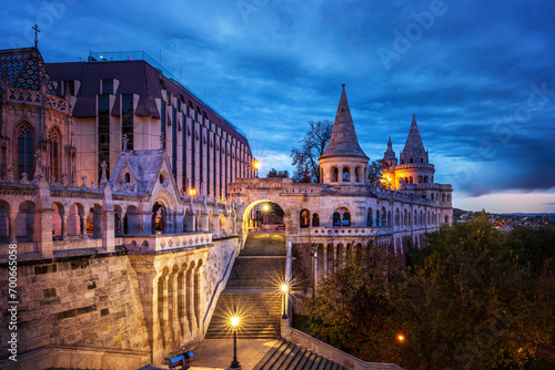 Fisherman's Bastion  is the panoramic viewing terrace with fairy tale towers in Budapest. View at night photo