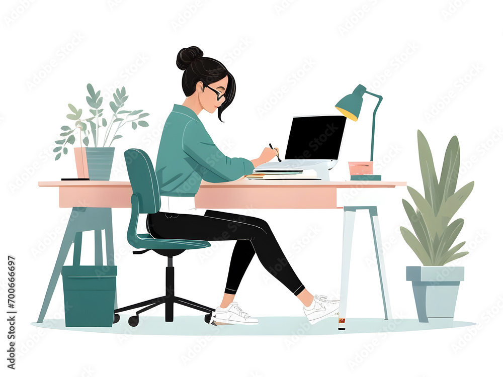 Young woman is intently working on laptop, on desk, clip art illustration, isolated white background. Young woman is intently working on laptop, on desk, clip art illustration, isolated white background.