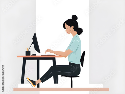 Young woman she is working, on the table, using the computer, clip art illustration, isolated white background
