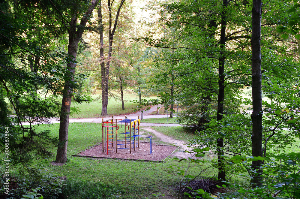 Children's climbing frames in the forest park for children to play