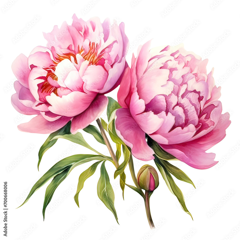Beautiful pink watercolor peonie on a transparent background