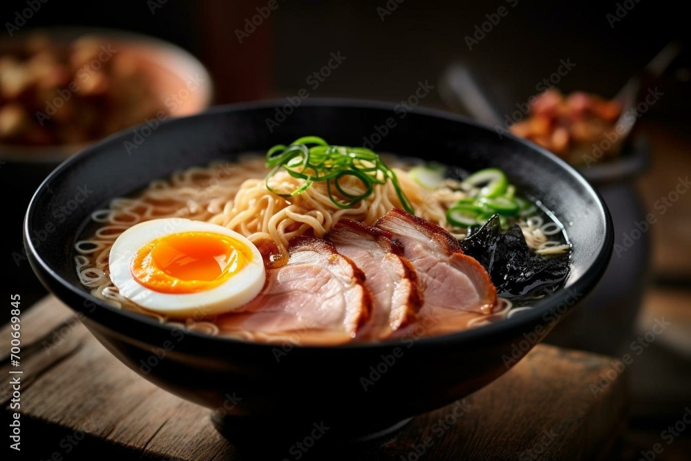 Delicious pork and egg in traditional Japanese ramen. Generative AI
