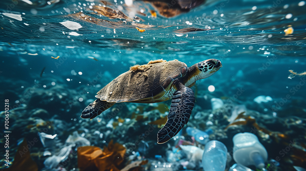 Obraz premium A sea turtle swimming underwater surrounded by plastic pollution. 