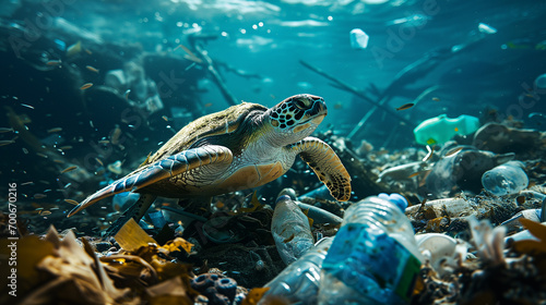 A sea turtle swimming underwater surrounded by plastic pollution.  photo
