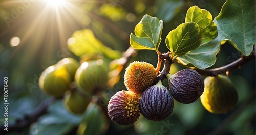 fig A visually striking image capturing the cluster of ripe figs on a branch, with the sunlight highlighting the glossy surface and the surrounding foliage -Generative Ai