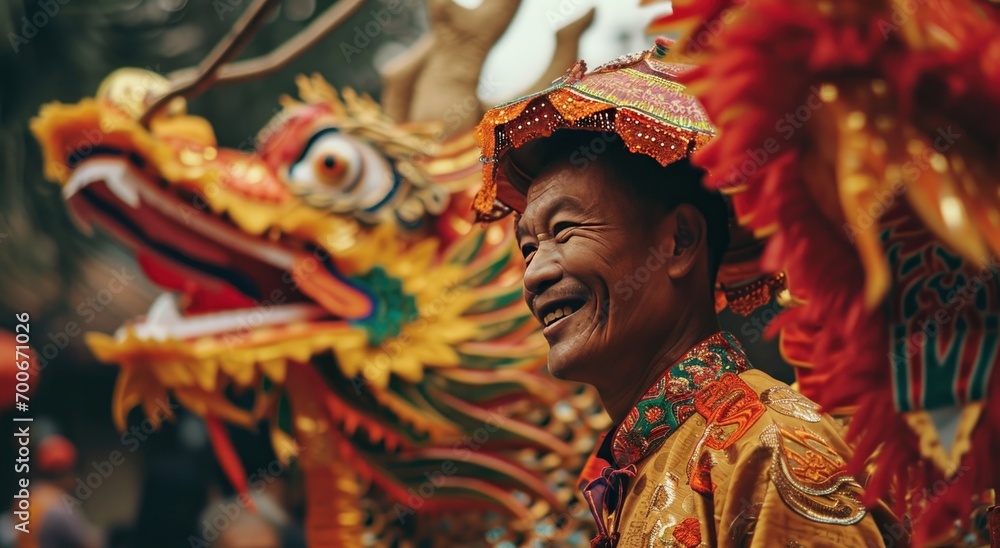 man smiling with a huge dragon decoration man smiling with a huge dragon decoration