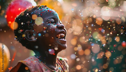 kid laughing with balloons and colorful confetti