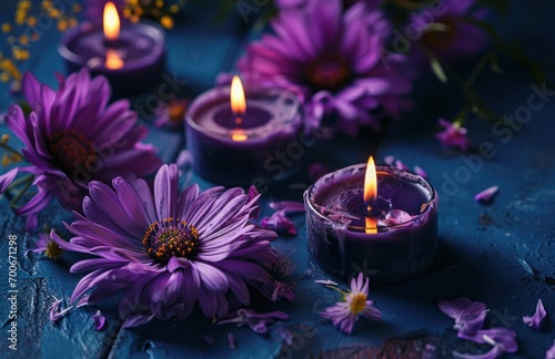 lots of purple blooming flowers on dark blue background  and candles with oil on them