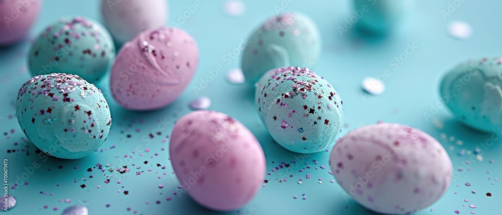 pastel colored confetti eggs on blue background