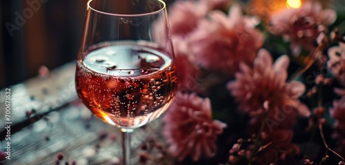 glass of pink wine is displayed next to a set of flowers