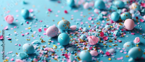 pastel colored confetti eggs on blue background photo